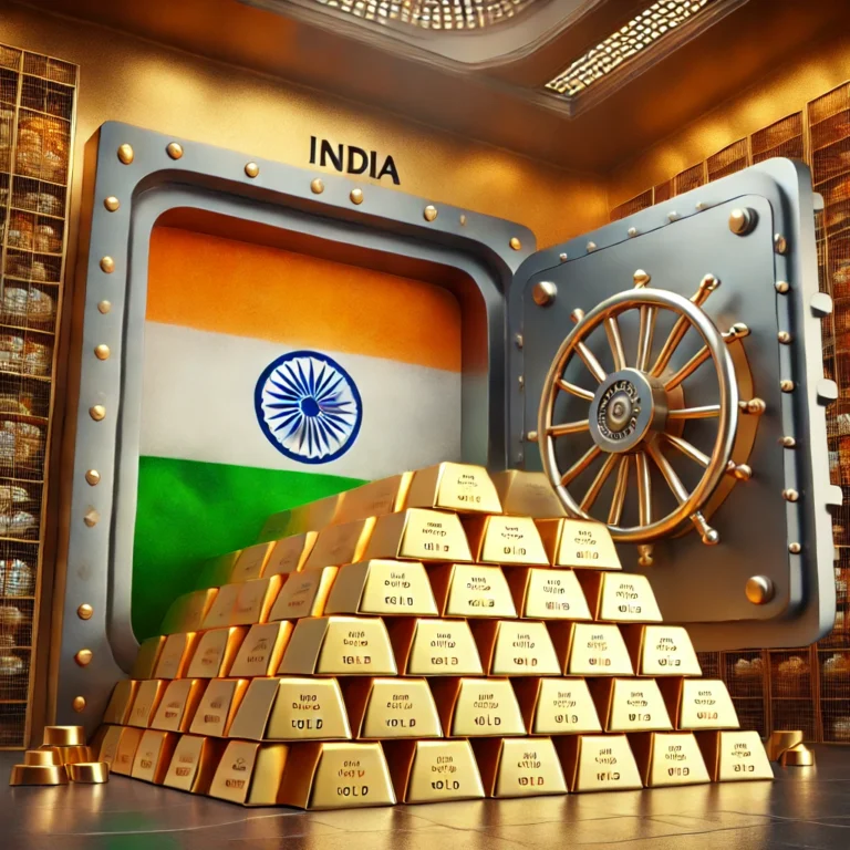 DALL·E 2024-10-31 00.25.11 - An image depicting India's repatriation of 102 tonnes of gold from the Bank of England. Show a large vault in India, filled with gleaming gold bars st